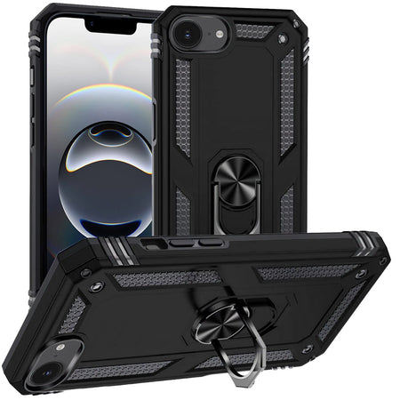 Premium Ring Magnetic Kickstand Hybrid Case Cover For iPhone 16E / SE4 Ring - Black