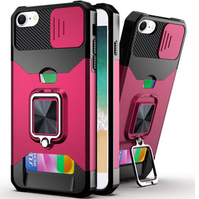 Premium Multi-Functional Card Magnetic Ring Stand Hybrid Camera Case for iPhone 16E / SE4/ 17e - Hot Pink