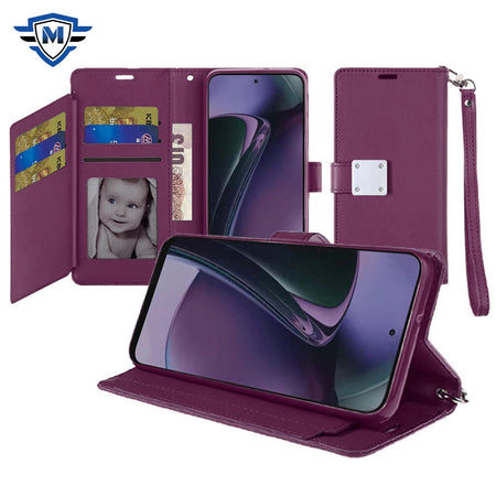 Metkase Wallet Id Card Holder Case Cover In Premium Slide-Out Package For Motorola Moto G Stylus 5G 2024 - Dark Purple