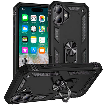 Premium Ring Magnetic Kickstand Hybrid Case Cover For iPhone 16 Plus 6.7 Inch - Black