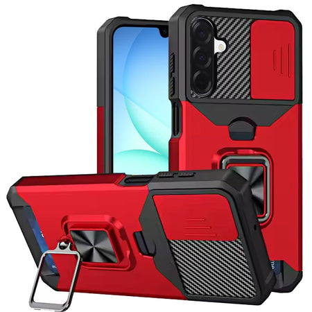 Premium Multi-Functional Card Magnetic Ring Stand Hybrid Camera Case For Samsung A17 5G - Red