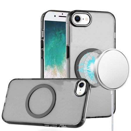 Premium Magnetic Circle Ring Transparent Premium Acrylic Case With Metal Buttons & Camera Raised Lip For iPhone 16E / SE4 - Black