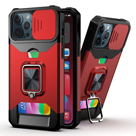 Premium Multi-Functional Card Magnetic Ring Stand Hybrid Camera Case Cover (Open Camera Hole) For iPhone 12 & iPhone 12 Pro - Red