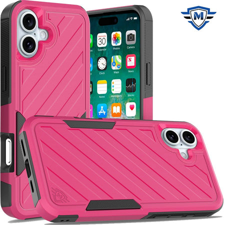 Metkase Noble Lined Shockproof Dual Layer Hybrid Case In Slide-Out Package For iPhone 16 Plus 6.7 Inch - Hot Pink/Black