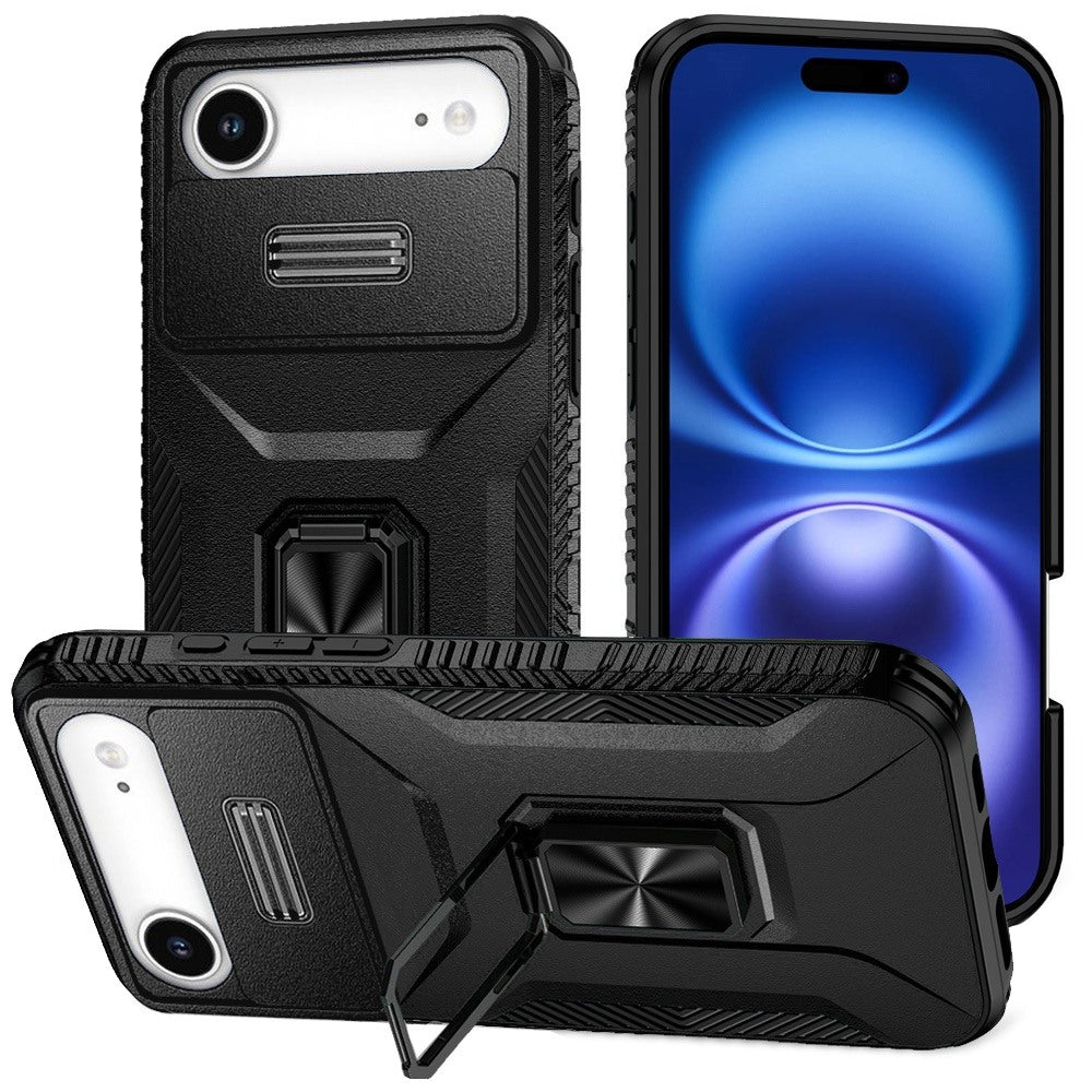 Premium Multi-Functional Card Magnetic Ring Stand Hybrid Camera Case Cover For iPhone 17 Air - Black