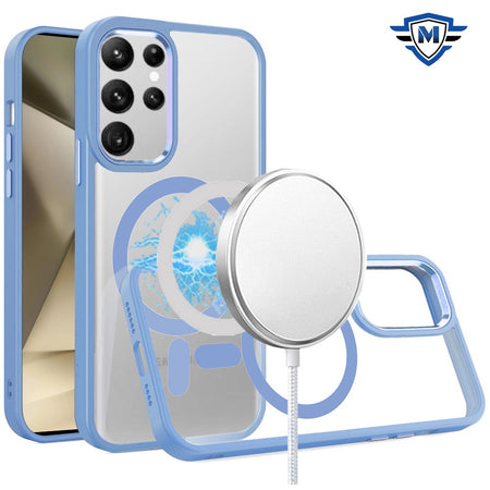 Metkase Magnetic Greatest Clear Acrylic Thick Metal Button Hybrid Case In Slide-Out Package For Samsung Galaxy S24 Plus - Light Blue