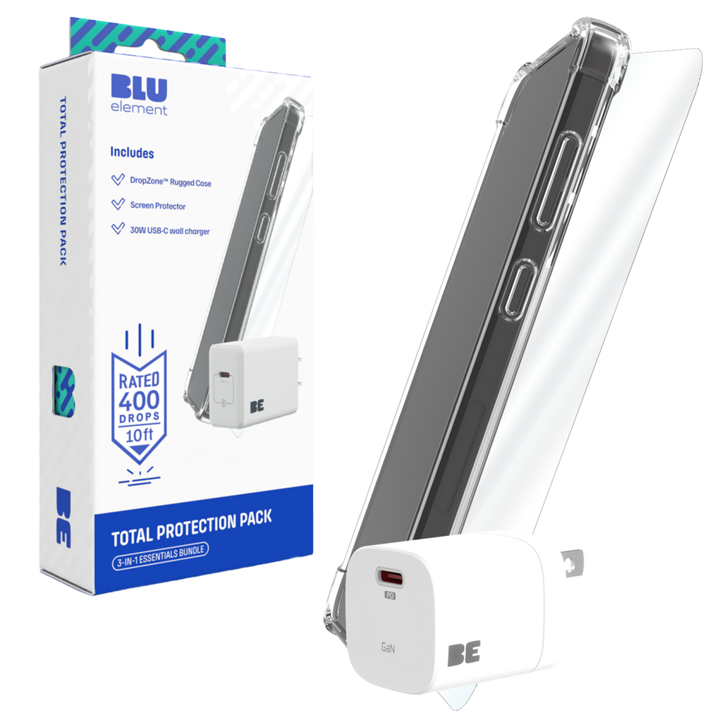BLU ELEMENT TOTAL PROTECTION (CASE, GLASS, CHARGER) BUNDLE FOR IPHONE 17E/16E/14/13 (120-10728) - CLEAR/CLEAR