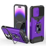 Premium Multi-Functional Card Magnetic Ring Stand Hybrid Camera Case Cover For iPhone 15 - Dark Purple