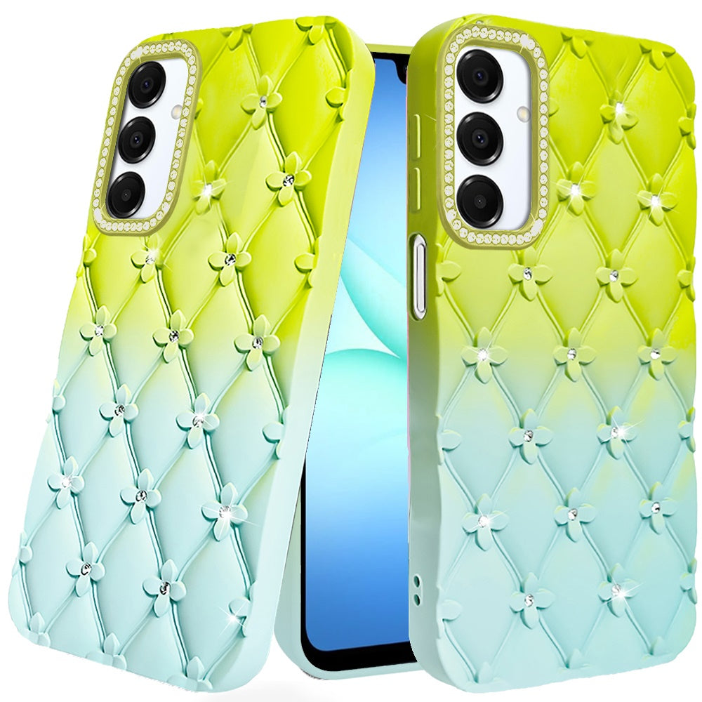 Premium Floral Joy Glitter Shimmer Leather  Case For Samsung A17 5G - Light Green/Teal