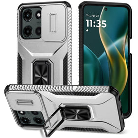 HR Premium Complete Magnetic Metal Ring Stand Camera Protection Hybrid Case For Moto G Stylus 5G 2025/2026 - Silver