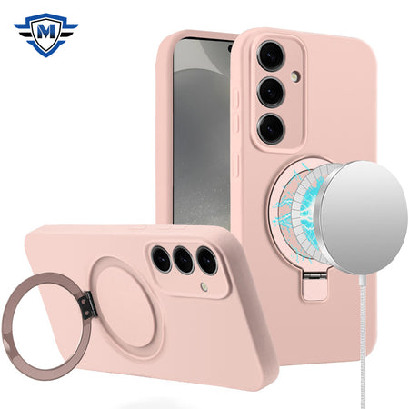 Metkase Premium Magnetic Circle Ring Stand Liquid Silicone Case In Slide-Out Package For Samsung Galaxy S24 Plus - Light Pink