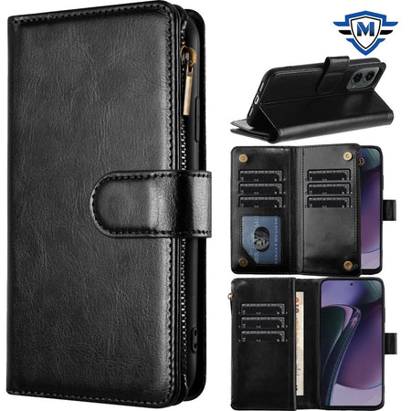 Metkase Luxury Wallet Card Id Zipper Money Holder In Slide-Out Package For Motorola Moto G Stylus 5G 2024 - Black