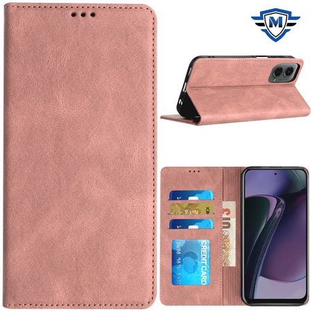 Metkase Wallet Pu Vegan Leather Id Card Money Holder With Magnetic Closure In Slide-Out Package For Motorola Moto G Stylus 5G 2024 - Rose Gold