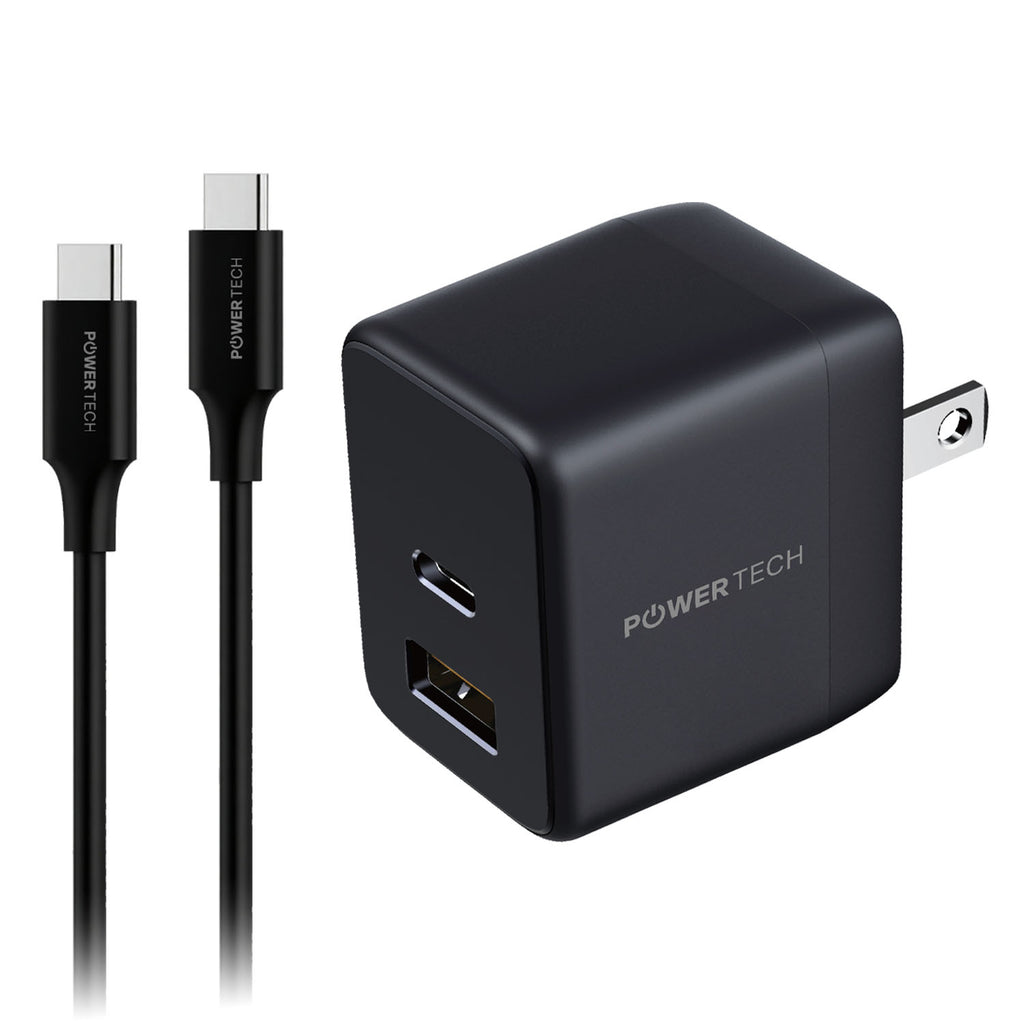 Powertech PD 20W Dual-Port USB-A & USB-C Wall Charger W/ 4' C-C Cable - Black