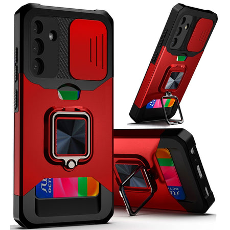 Premium Multi-Functional Card Magnetic Ring Stand Hybrid Camera Case Cover For Samsung A15 5G - Red