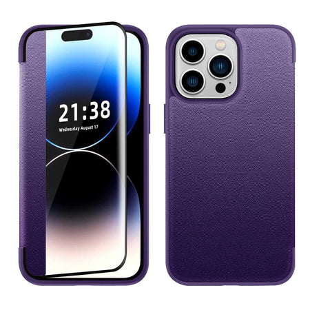 Premium Pu Leather Window Flap Case With Cover For iPhone 15 - Dark Purple