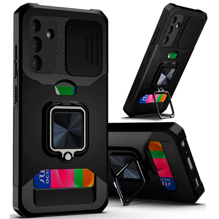 Premium Multi-Functional Card Magnetic Ring Stand Hybrid Camera Case Cover For Samsung A15 5G - Black