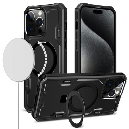 Premium Magnetic Ring Stand Simplistic Tough Hybrid Case For iPhone 15 - Black