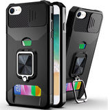Premium Multi-Functional Card Magnetic Ring Stand Hybrid Camera Case For iPhone 16E / SE4 - Black