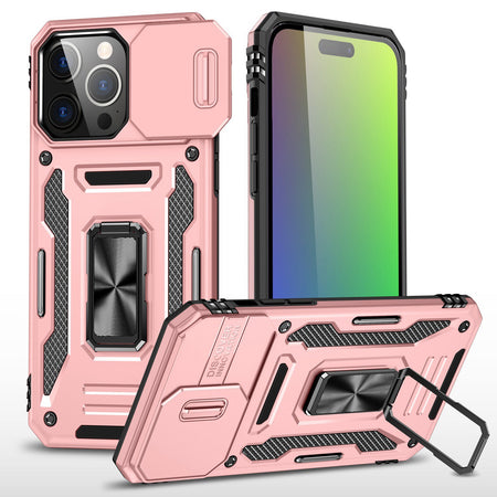 Premium Utter Tough Metal Ring Movable Camera Window Hybrid Case Cover For iPhone 15 - Rose Gold