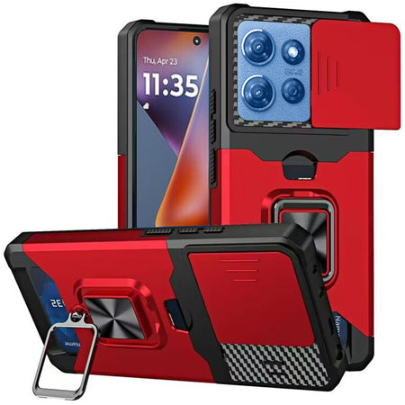 Premium Multi-Functional Card Magnetic Ring Hybrid Case For Motorola Moto G 5G 2025 - Red