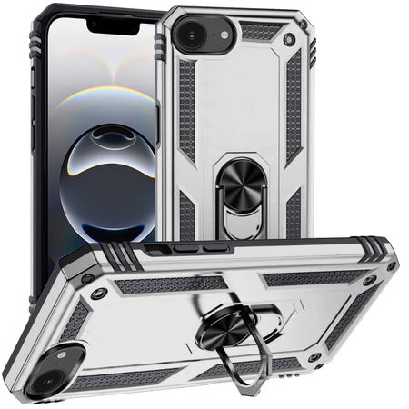 Premium Ring Magnetic Kickstand Hybrid Case Cover For iPhone 16E / SE4 Ring - Silver