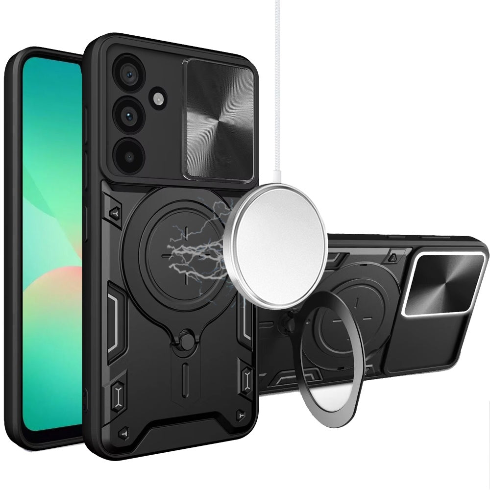 HR Premium Magnetic Ring Stand Classic Design Full Camera Protection Hybrid Case For Samsung Galaxy A27 - Black