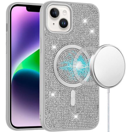 Premium Diamond [Magnetic Circle] With CD Pattern Hybrid Case For iPhone 13/14 - White