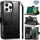 Metkase Luxury Wallet Card ID Zipper Money Holder Case In Slide-Out Package For iPhone 16 Pro 6.3 Inch - Black