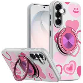 HR Premium Metal Diamond Cd Pattern Design Matte Finished Hybrid With Rotational Ring [Car Mount Friendly] Case For Samsung Galaxy S26 Fe - Hearts