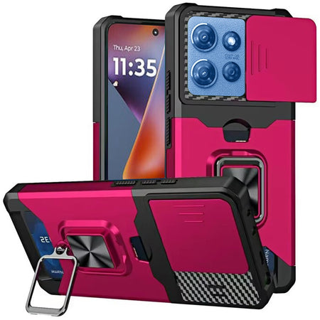 Premium Multi-Functional Card Magnetic Ring Hybrid Case For Motorola Moto G 5G 2025 - Hot Pink