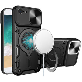 Premium Magnetic Ring Stand Full Camera Protection Hybrid Case For iPhone 16E/SE4 - Black
