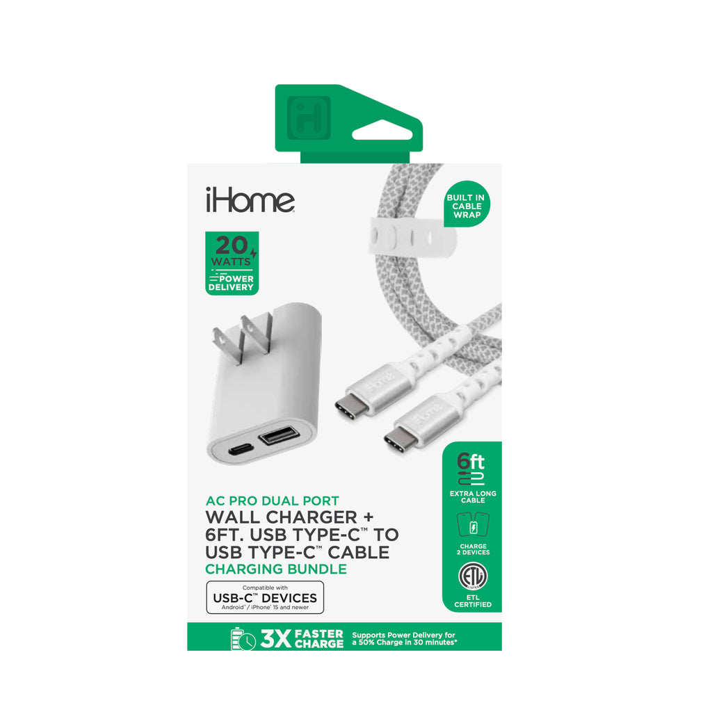 iHome 20W Dual-Port Ac Pro Usb-A & Usb-C Wall Charger W/ Folding Prongs - White