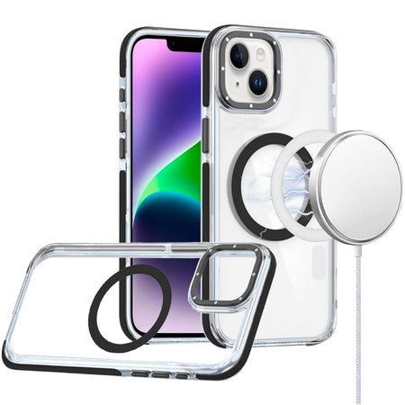 Premium Matching Color Frame Strong Magnetic Ring Circle Transparent Hq Thick Hybrid Case For iPhone 13/14 - Black