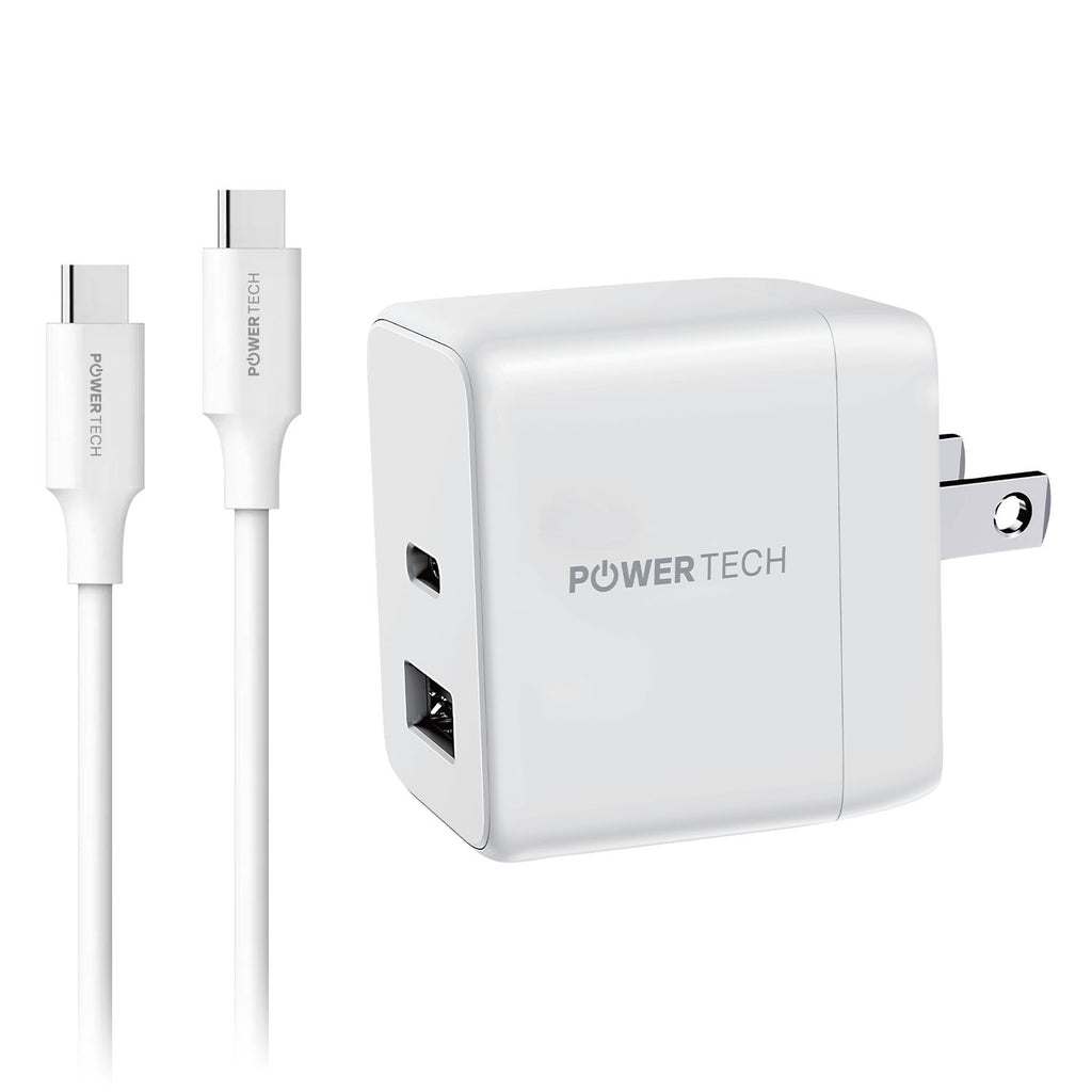 Powertech 20W PD Dual-Port USB-A & USB-C Wall Charger W/ 4' C-C Cable - White