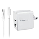 Powertech 20W PD Dual-Port USB-A & USB-C Wall Charger W/ 4' C-C Cable - White