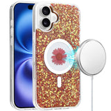 Premium Magnetic Ring Circle Real Flower Epoxy Glitter Hybrid Case Cover For iPhone 16 6.1 Inch - Red