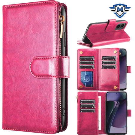 Metkase Luxury Wallet Card Id Zipper Money Holder In Slide-Out Package For Motorola Moto G Stylus 5G 2024 - Hot Pink