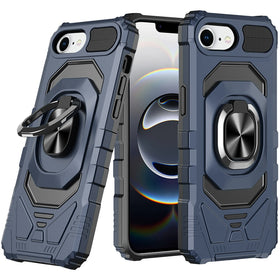 Premium Robotic Hybrid With Magnetic Ring Stand Case Cover For iPhone 16E / SE4 (2025) - Dark Blue