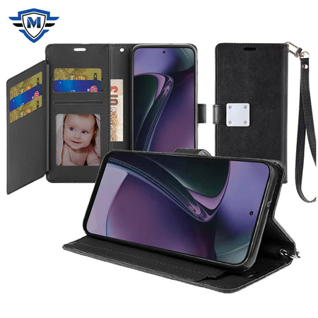 Metkase Wallet Id Card Holder Case Cover In Premium Slide-Out Package For Motorola Moto G Stylus 5G 2024 - Black