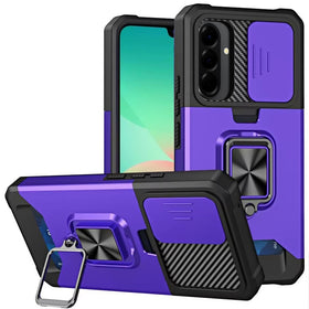 HR Premium Multi-Functional Card Magnetic Ring Stand Hybrid Camera Case Cover For Samsung Galaxy A27 - Dark Purple