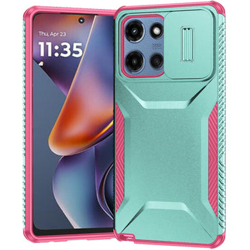 Premium Ultimate U Design Hybrid Case With Camera Cover For Motorola Moto G 5G 2025 - Teal+Pink