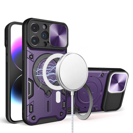 Premium Magnetic Ring Stand Classic Design Full Camera Protection Hybrid Case For iPhone 12 & iPhone 12 Pro - Dark Purple