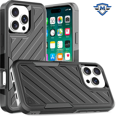 Metkase Noble Lined Shockproof Dual Layer Hybrid Case In Slide-Out Package For iPhone 16 Pro Max 6.9 Inch - Black/Grey