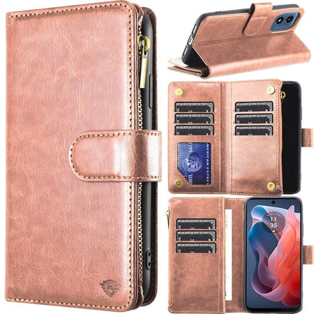 Metkase Luxury Wallet Card Id Zipper Money Holder In Slide-Out Package For Motorola Moto G Stylus 5G 2024 - Rose Gold