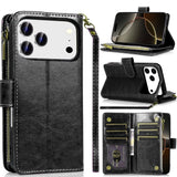 Premium Luxury Wallet Card Id Zipper Money Holder Case For iPhone 17 Pro - Black