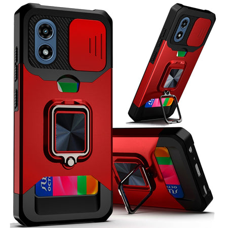 Premium Multi-Functional Card Magnetic Ring Stand Hybrid Camera Case Cover For Motorola Moto G Play 2024 - Red