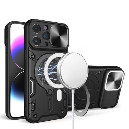 Premium Magnetic Ring Stand Classic Design Full Camera Protection Hybrid Case For iPhone 15 - Black