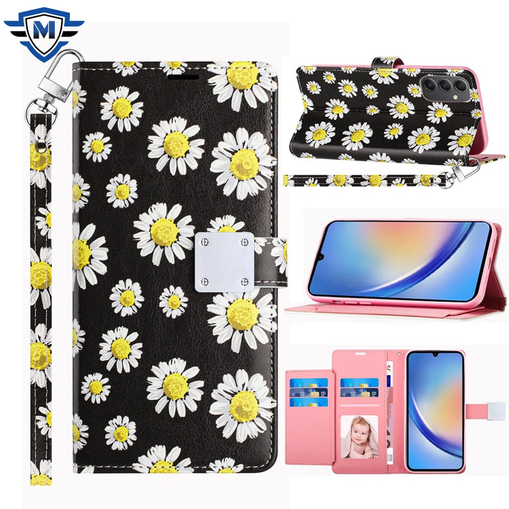 Metkase Design Wallet ID Credit Card Money Holder With Magnetic Metal Closure Including Lanyard For Samsung A15 5G - White Daisy Blossom Floral