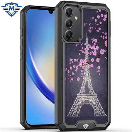 Metkase Premium Rank Design Fused Hybrid Case In Slide-Out Package For Samsung A15 5G - Dark Grunge Eiffel Tower Paris Sakura Flowers
